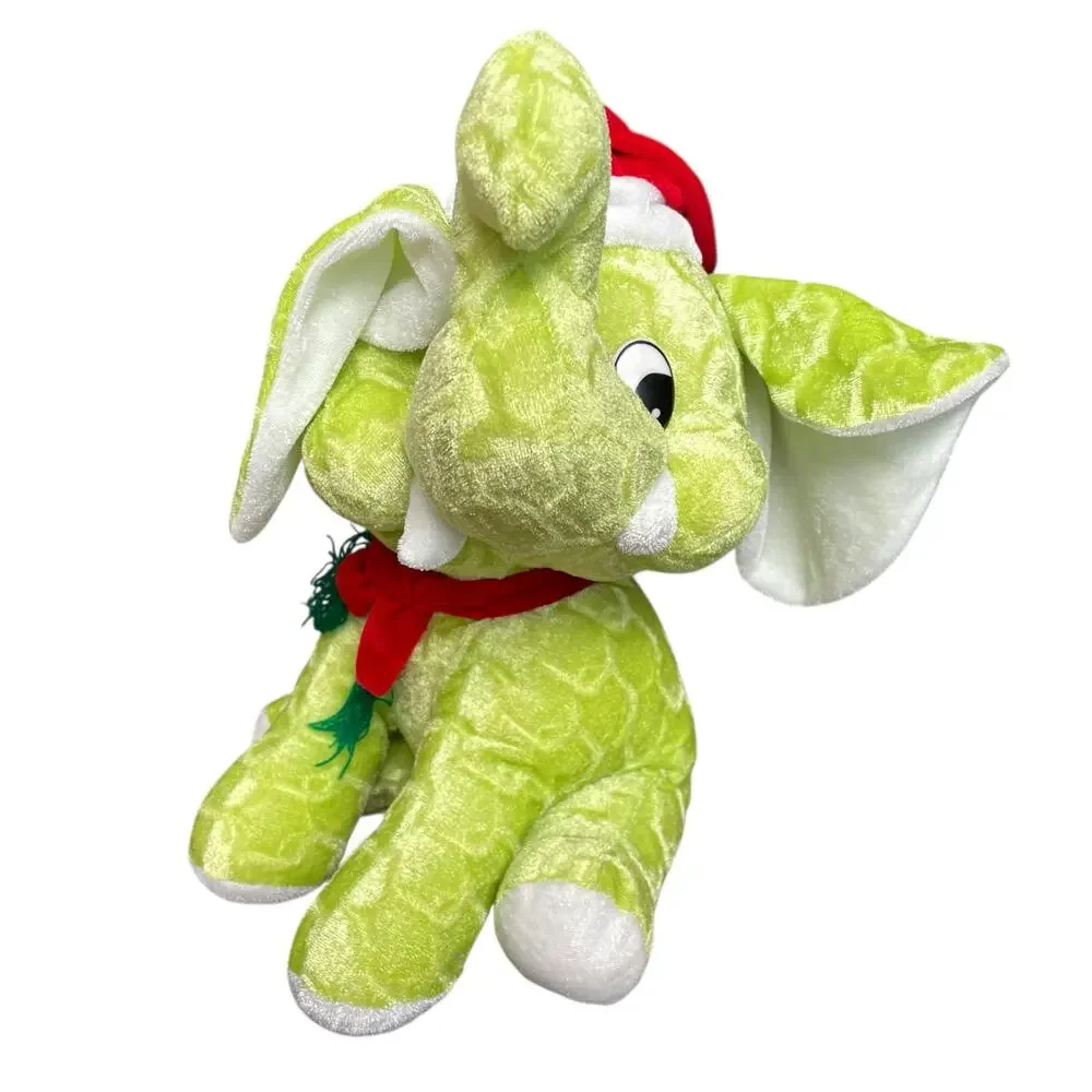 Christmas Elephant Plush Green Red Santa Hat Vintage Stuffed Animal Toy Bright